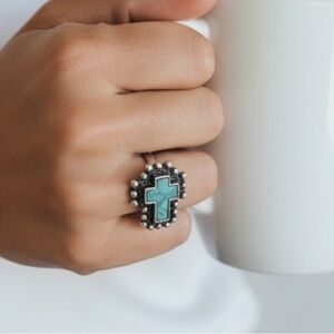 Turquoise Adjustable Fashion Cross Ring with Silver Accents

NWT